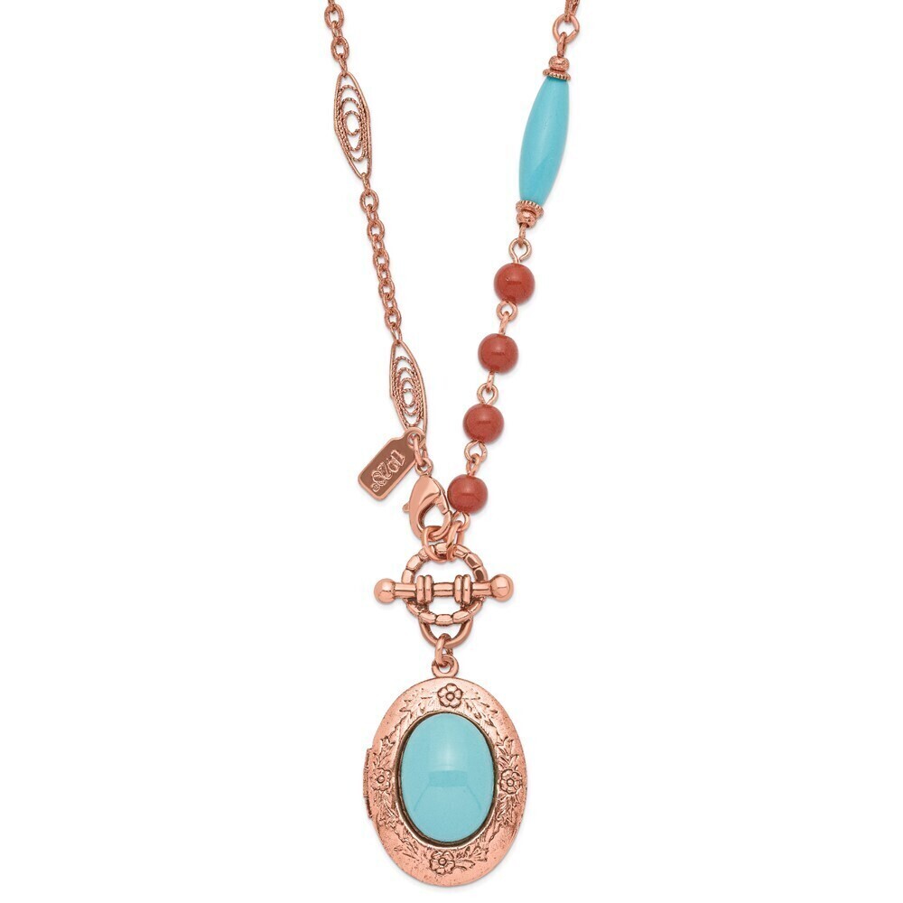 Copper-tone Aqua Blue Brown Acrylic Beads Floral Frame Locket Necklace